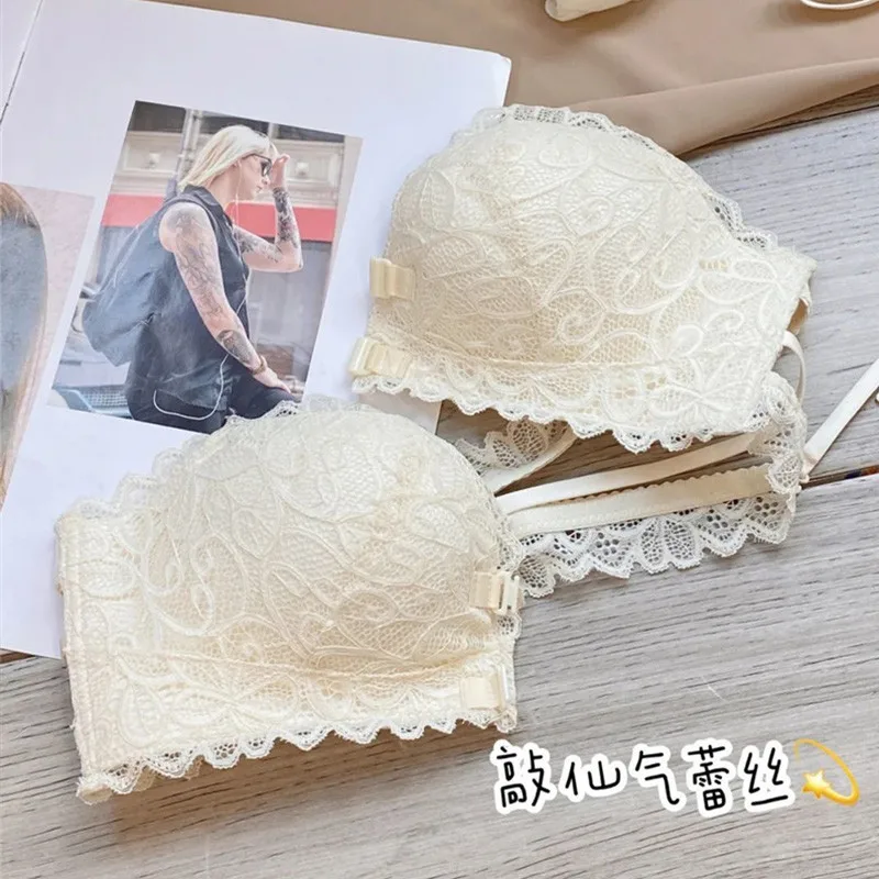 Front Closure Bras Double Breasted Underwear Women Small Breast Cup Gathered Lace Girl Strapless Backless Bra Push Up Brasieres