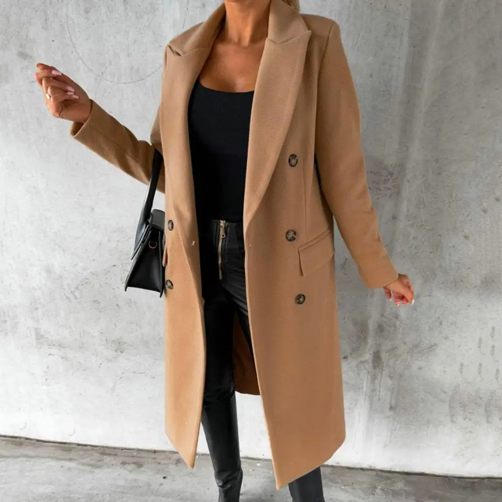 

Women Long Jacket Slim Fit Double Breasted Woolen Outerwear Solid Color Turndown Collar Overcoat Streetwear