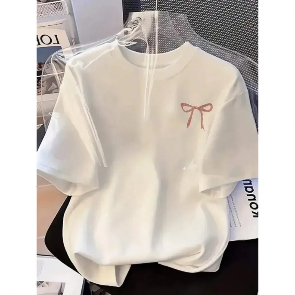 Women Korean Style Elegant Bow Print Pure Cotton Short Sleeve T Shirt Casual Soft Breathable Flattering Comfy Versatile New