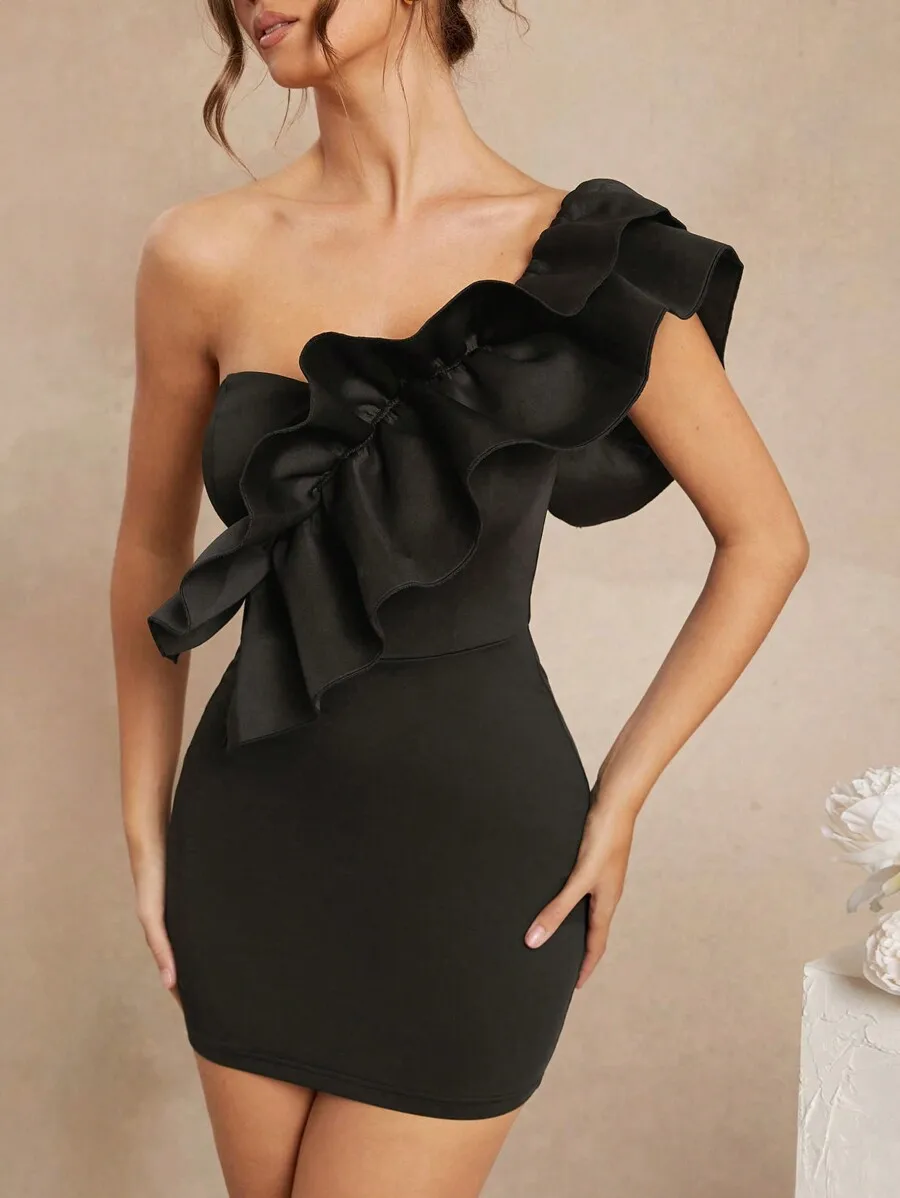 

Black One-Shoulder Ruffle Bodycon Mini Dress for Evening Events
