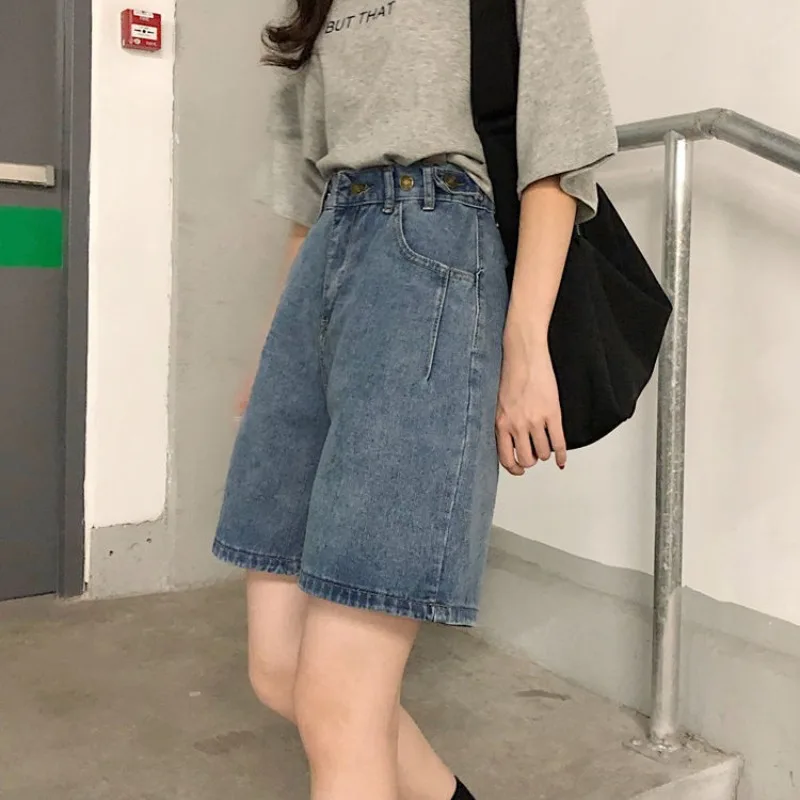 Solid Shorts Women High Waist Baggy Casual Straight All-match Vintage Denim Trendy Chic Daily Students Classic Summer Simple