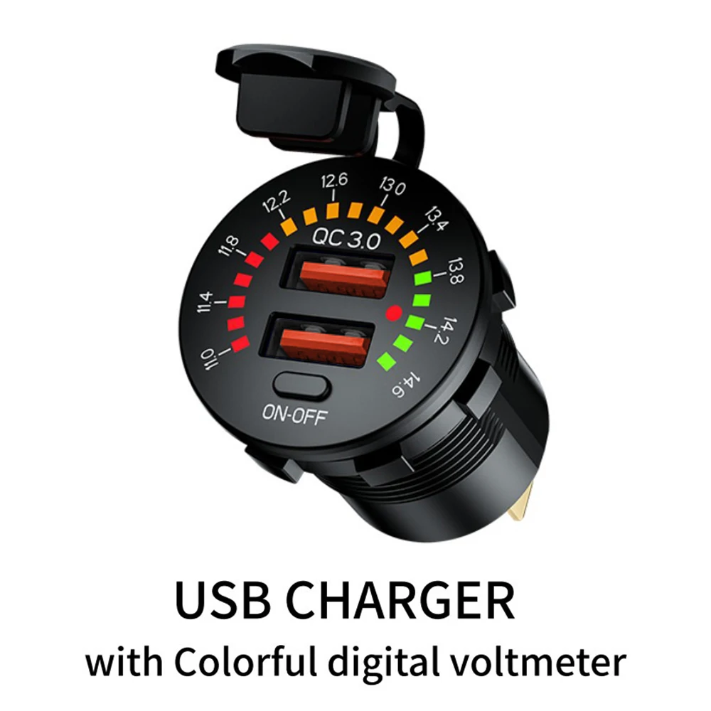 Car Charger Dual USB QC 3.0 36W 12V 24V Waterproof  PD Outlet Fast Charge With LED Voltmeter ON OFF Switch Car Accessories