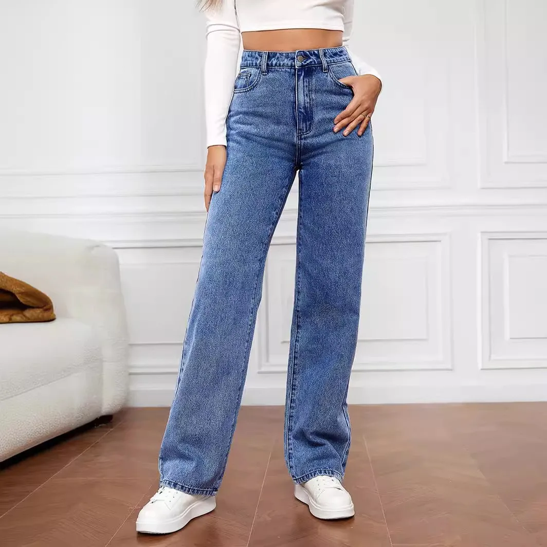 Proste jeansy damskie z wysokim stanem 2025 Nowe kieszenie na nogawce Podstawowe spodnie do kostek Y2k Denimowe spodnie Vintage Blue Washed Jeans