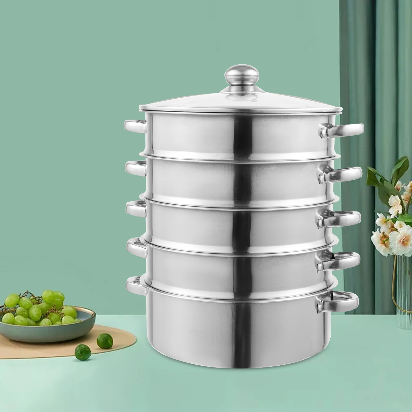 

5-уровневая кастрюля для пароварки из нержавеющей стали 304, пищевая посуда большой емкости, штабелируемая для приготовления на пару, приготовления выпечки