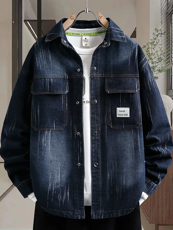 

Sli Loose Men's Denim Jaet Trendy Blue Spring Autumn Faionable Outerwear Cotton Polyester Blend Long Sve Coat