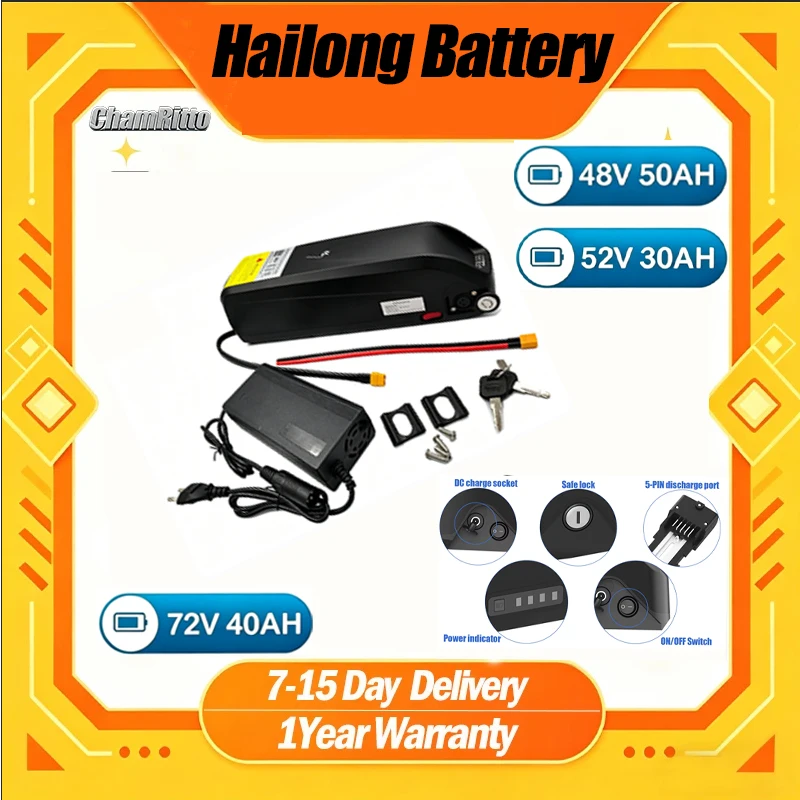 

Литиевая батарея Hailong 48V/52V/60V/72V для электровелосипедов, 20/30/40/50 Ач, 750W/2000W, 13S5P, 48V 1000W