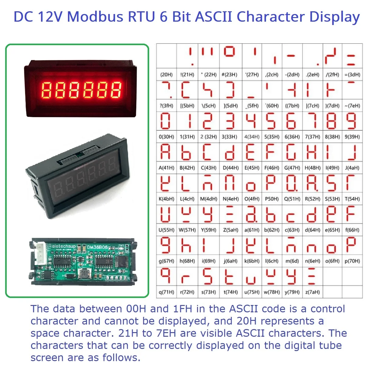 DC 12V Modbus 6-битный ASCII символ RS485 Эффективный модуль светодиодного дисплея 0,36-дюймовая цифровая трубка для ПЛК HMI NODEMCU ESP8266 ESP32