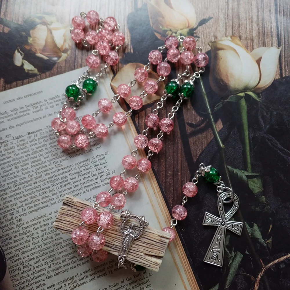 Diyalo Shine Glass Pink Beads Chain Prayer Chaplet Rosary Necklace Totem Brimstone Symbol Leviathan Cross Our Lady Medal Jewelry