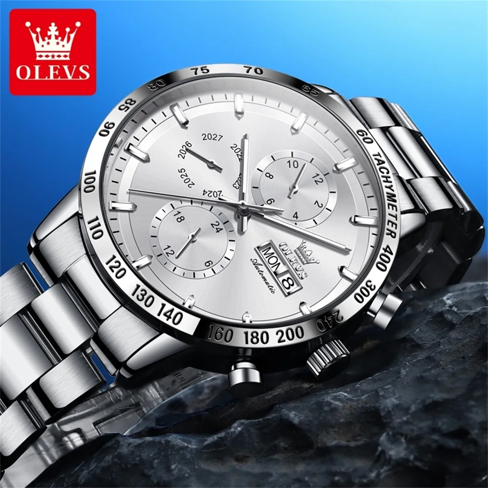 OLEVS 6683 Original Automatic Watch for Men Silvery Stainless steel Calendar Week Business Simplicity Men\'s Mechanical Watch