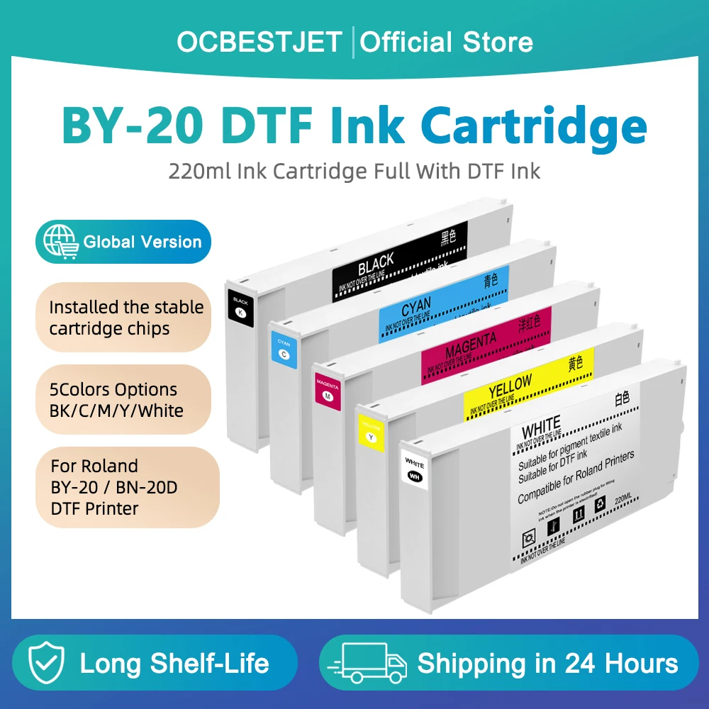 For Roland BY-20 Direct to Film DTF Ink Cartridge For BY-20 & BN-20D DTF Printer 220ML (K C M Y White)