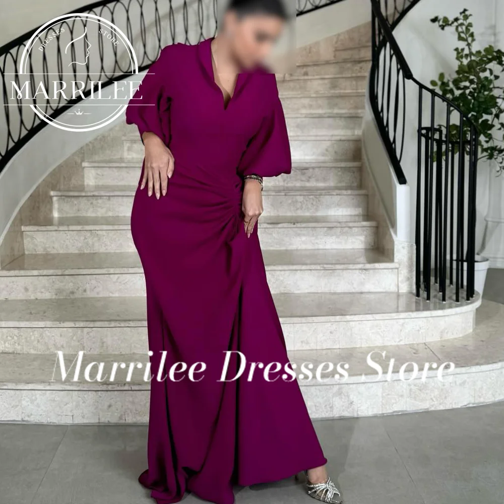 

Marrilee Customized V Neck Sweep Train Straight Long Sleeves Pleats Long Sleeves Saudi Arabia Evening Caftan Dress High Quality