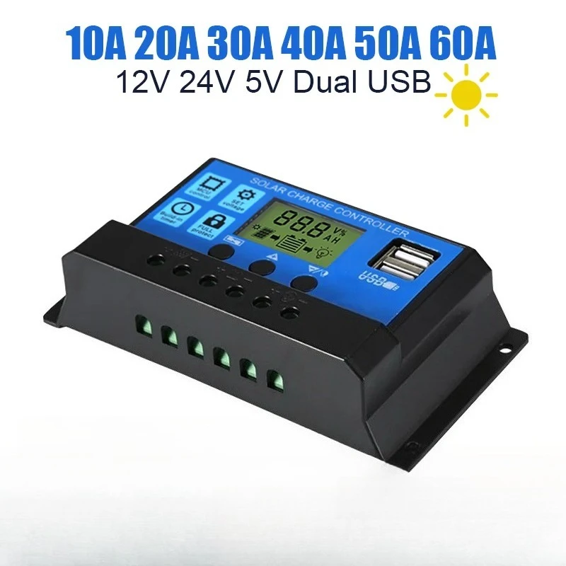 

Efficient Solar Controller 12V 24V 60A 50A 40A 30A 10A Solar Voltage Regulator PWM Battery Charger LCD Display Dual USB 5V Outpu