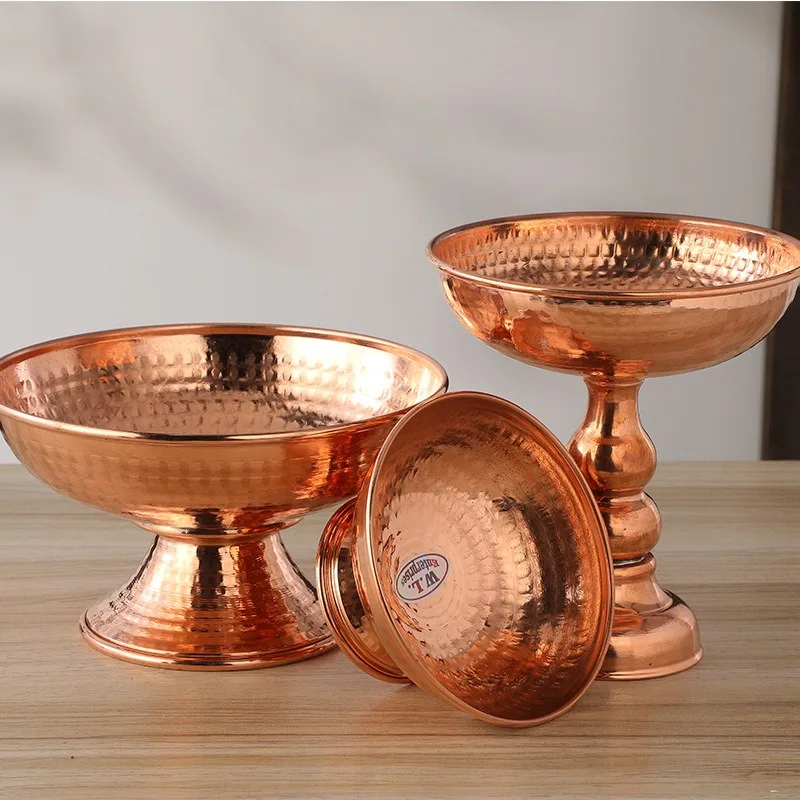 Hammered Copper‑Tone Footed Offering Tray Multi‑Size Raised Height Option Fruit Decorative Bowl For Home Ornament
