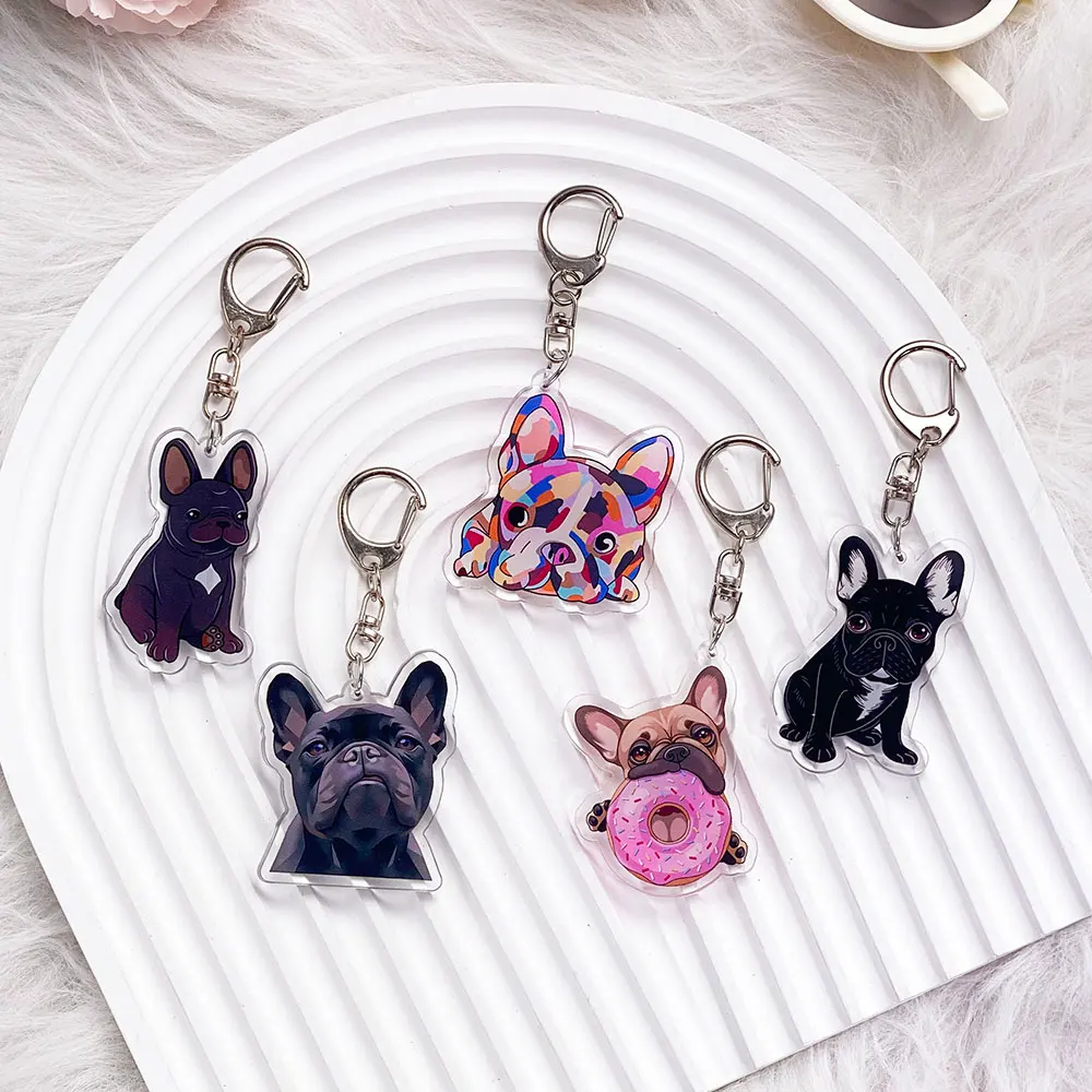 1/5PCS Cartoon French Bulldog Acrylic Car Keychain Funny Cute Bag Charms Accessories Backpack Pendant Key Holder Friend Gifts