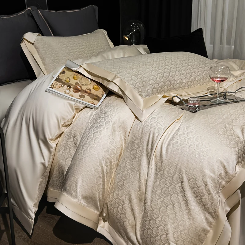 Lyocell Cotton Jacquard Soft Silky Luxury Bedding Set Queen King Size Duvet Cover Set Bed Sheet/Fitted Sheet Pillowcases 4Pcs