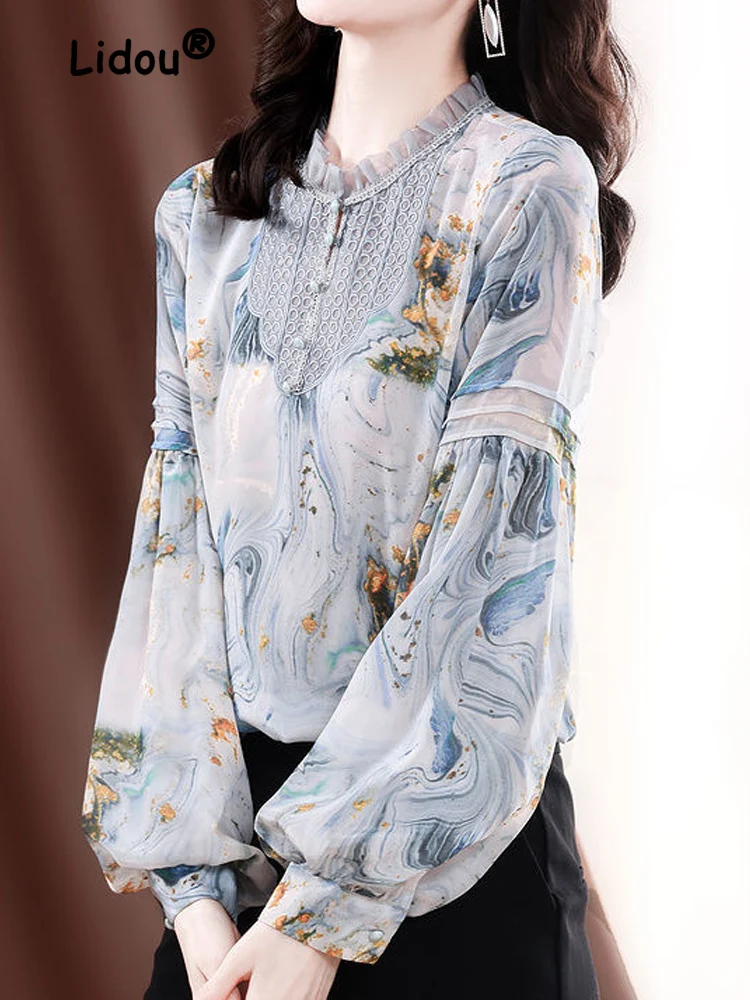 

Fashion Ink Printing Embroidered Top Women 2022 New Spring Loose Lantern Sleeve Single-breasted Temperament Chiffon Shirt