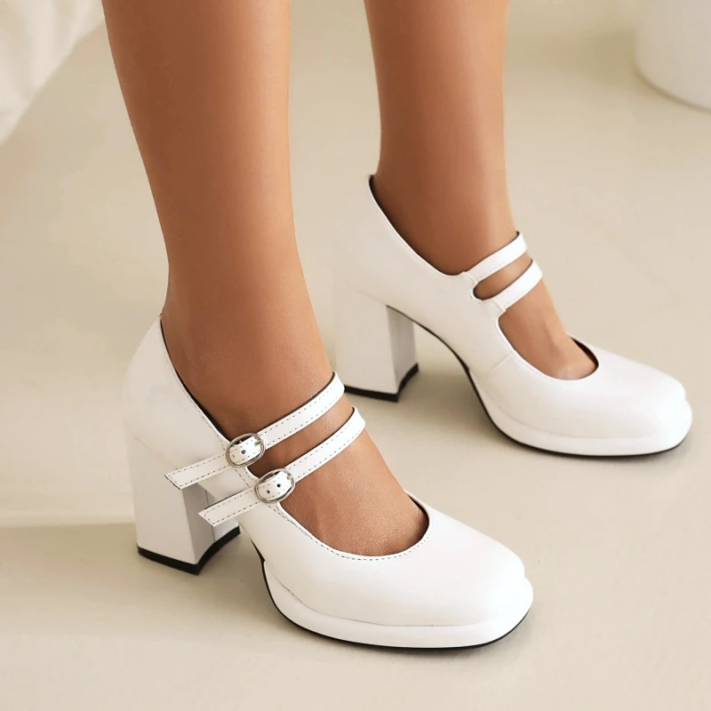 Women\'s Block High Heels Mary Janes Shoes 2025 Strap Dress Pumps Black White Block Heeled Wedding Office Shoes Female Large Size