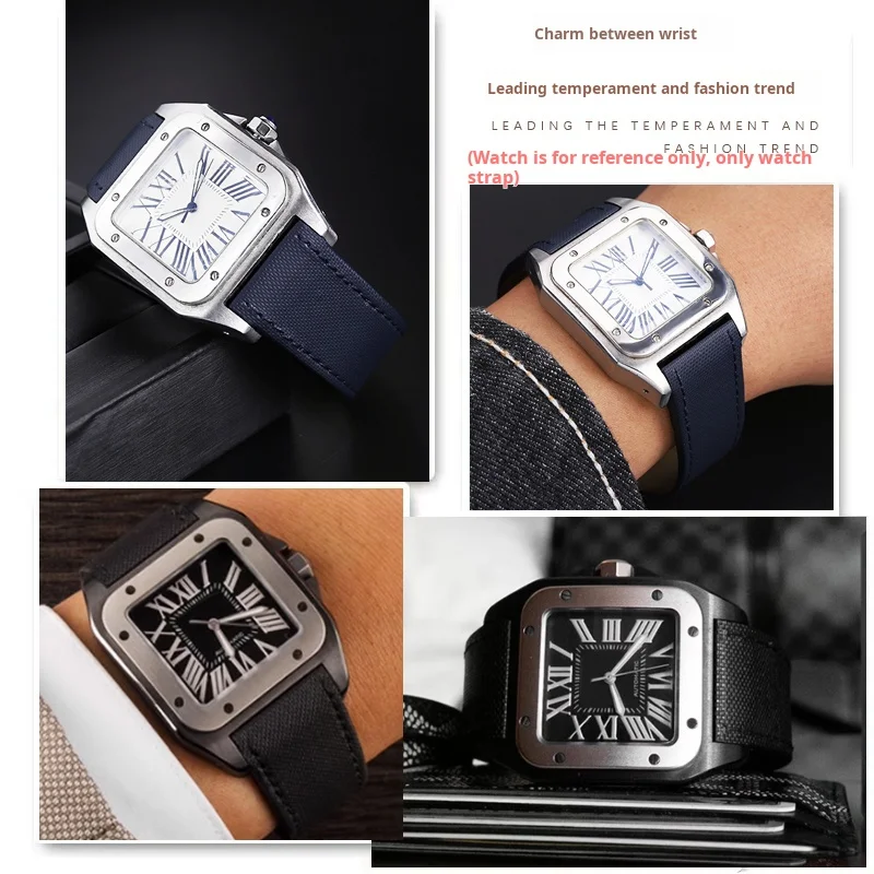 New 23mm blue nylon strap For Cartier Santos100 Santos Sandoz 100 leather watchband soft Men Folding buckle watch accessories