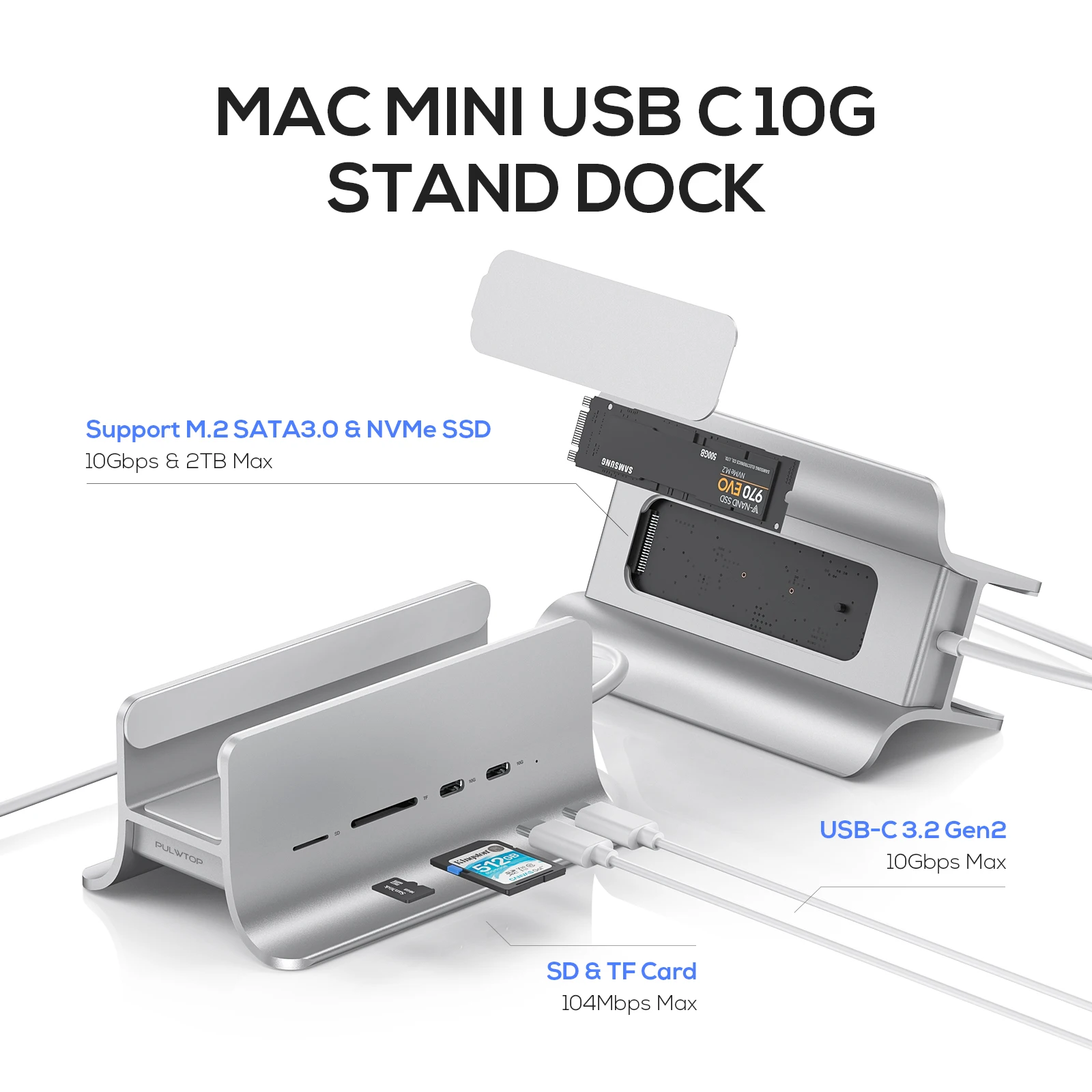 Imagem -02 - Pulwtop-usb c Hub para Mac Mini Docking Station em Suporta Ssd M.2 Nvme 2x Usb 3.2 10gbps sd tf