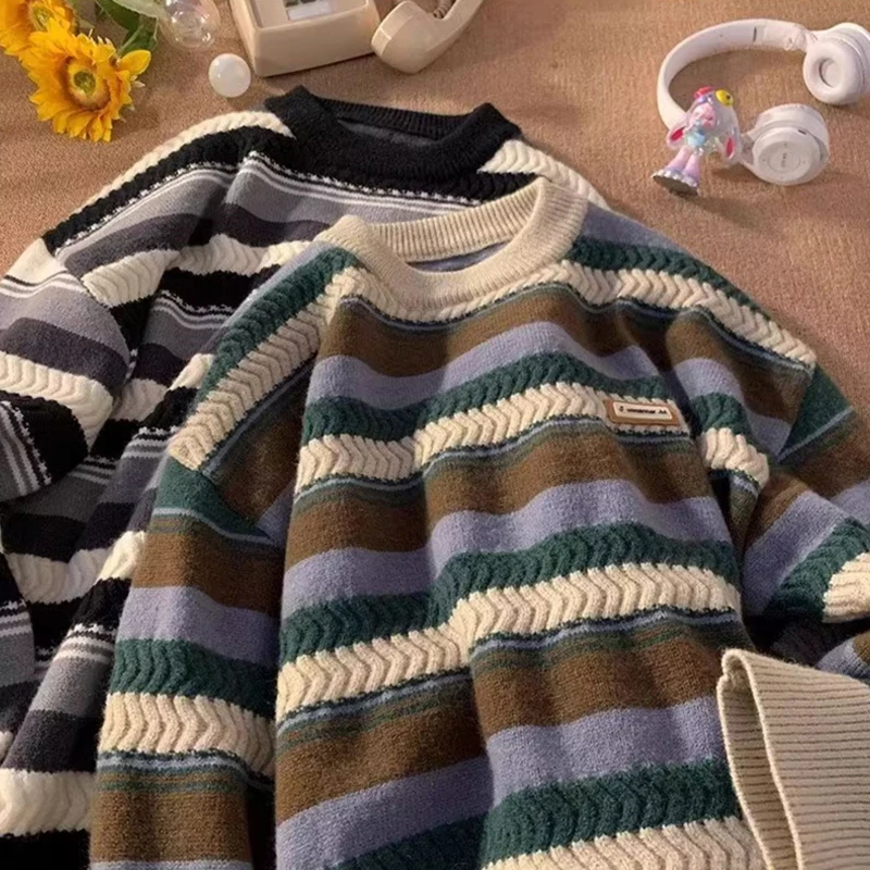 جديد 2025 سترات جاكار مخططة مزينة للرجال Y2K ملابس الشارع الشهير بلوفرات محبوكة غير رسمية مرقعة فضفاضة سحب أوم #4