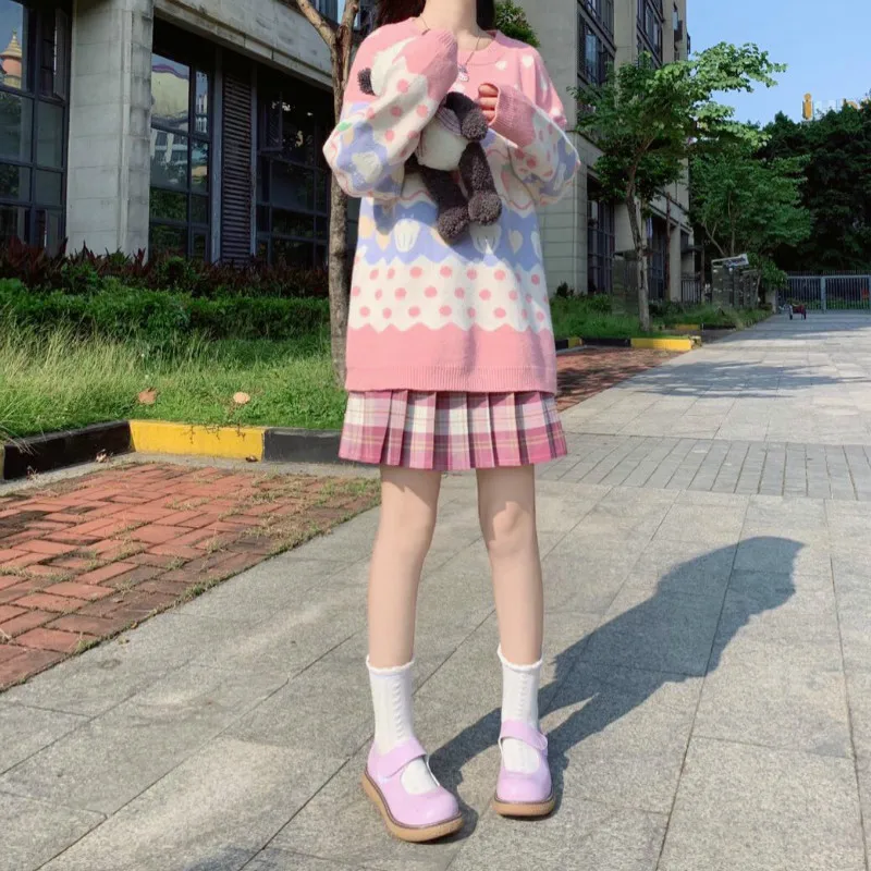 Winter Cute Sweet Pink Sweater for Women Teen Japan School Girl Kawaii Oversized Strawberry Loose Knitted Pullover