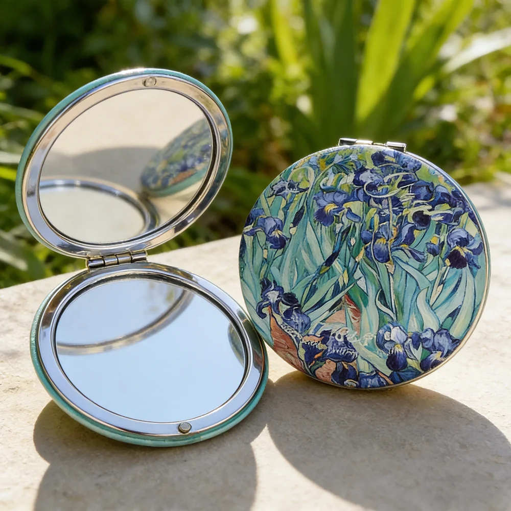 مرآة مدمجة للرسم الزيتي العتيق، مرآة مكياج مستديرة قابلة للطي على الوجهين، مرآة مكياج صغيرة محمولة لمستحضرات التجميل #1