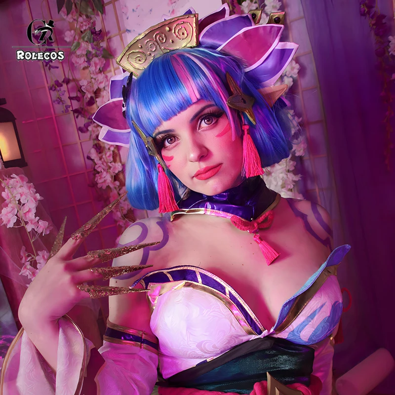 Rolecos วิกผมคอสเพลย์วิญญาณ LOL Blossom evelynn 40ซม. วิกผมผู้หญิงสีฟ้าผสมสีชมพูวิกผมปลอมทนความร้อน