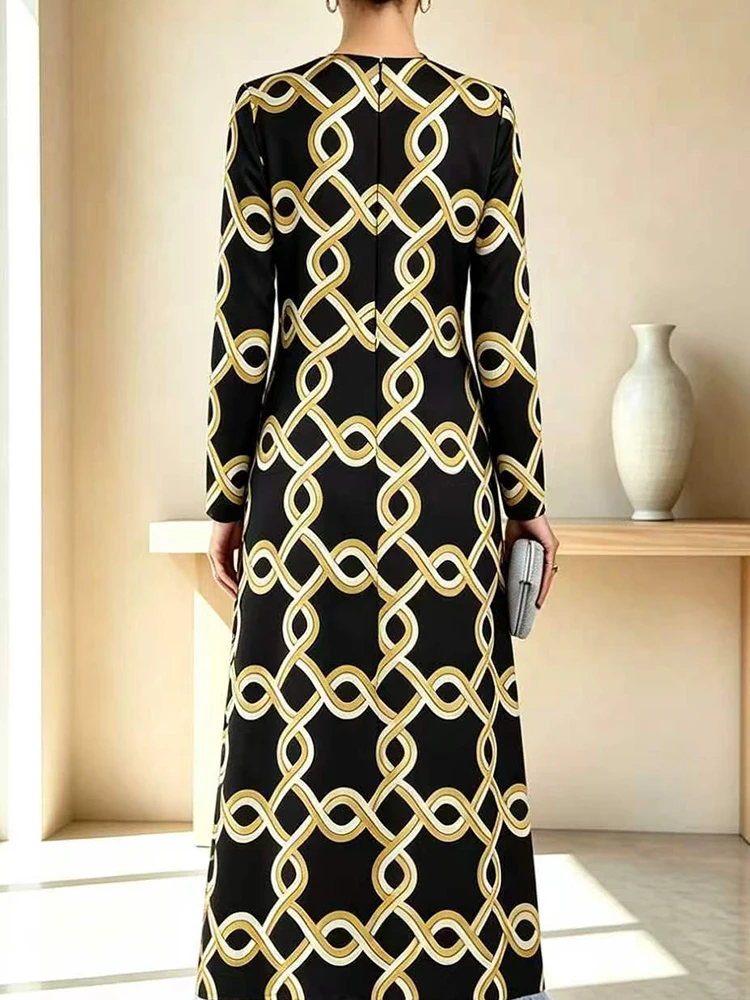 Long Sleeve Autumn Winter Fashion Print Maxi Dress Women O Neck Chic Loose Party Dress Elegant Patchwork Ladies Dress Streetwear