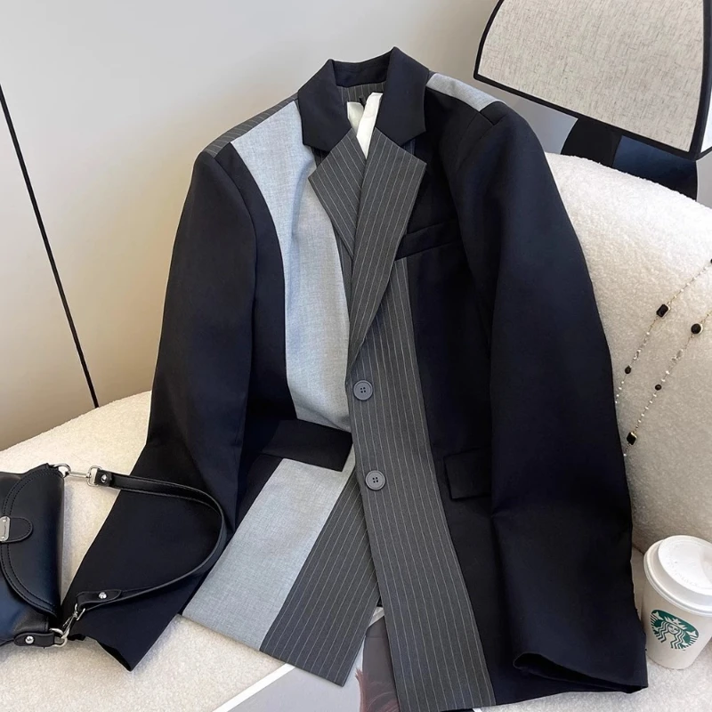 Loose Lapel Single-breasted Blazers Fashion Temperament Versatile Jacket for Women Autumn Grey Color-blocking Design Blazers