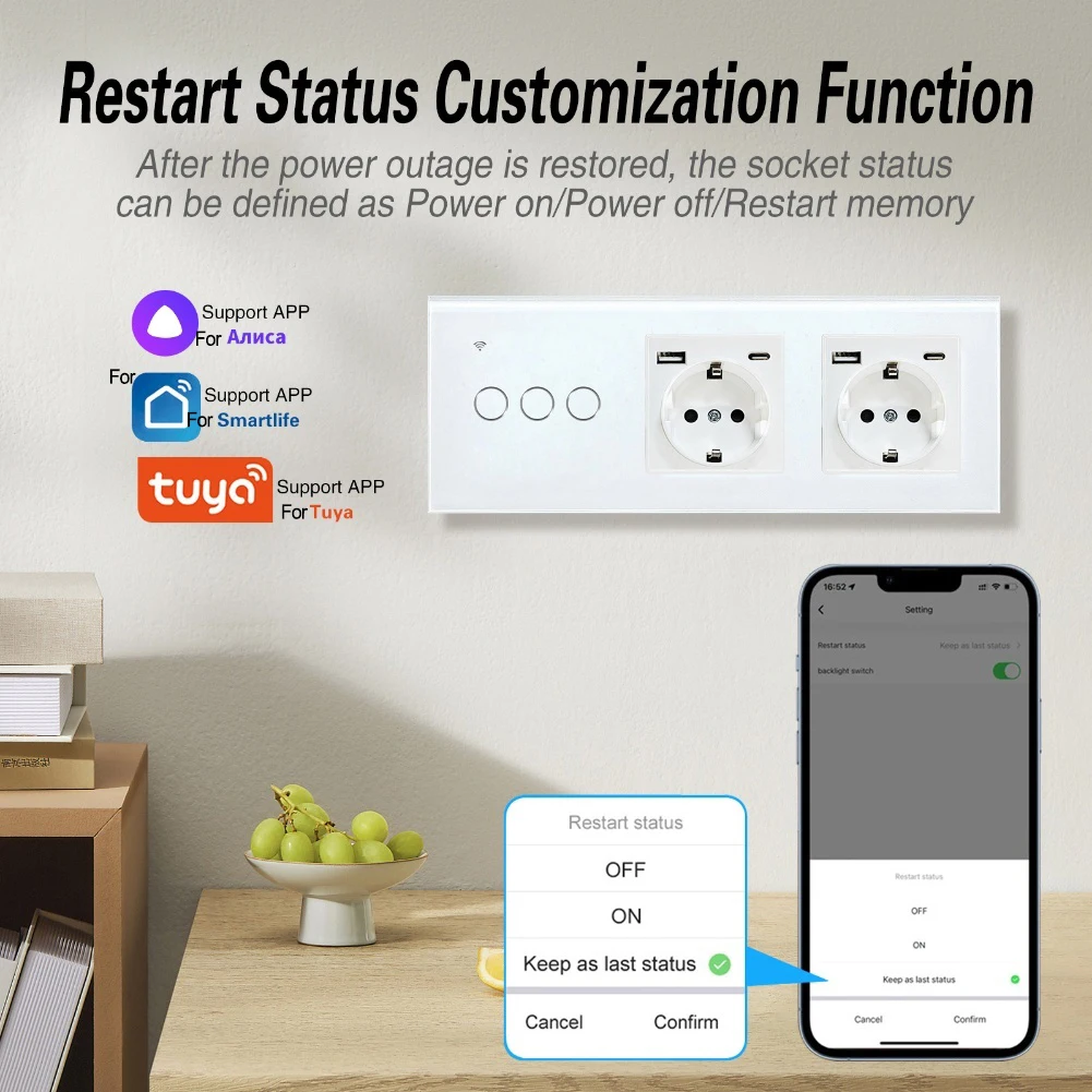 

Розетка для умного дома с сенсорным переключателем голосового управления и настраиваемым временем отдыха, совместимым с помощником