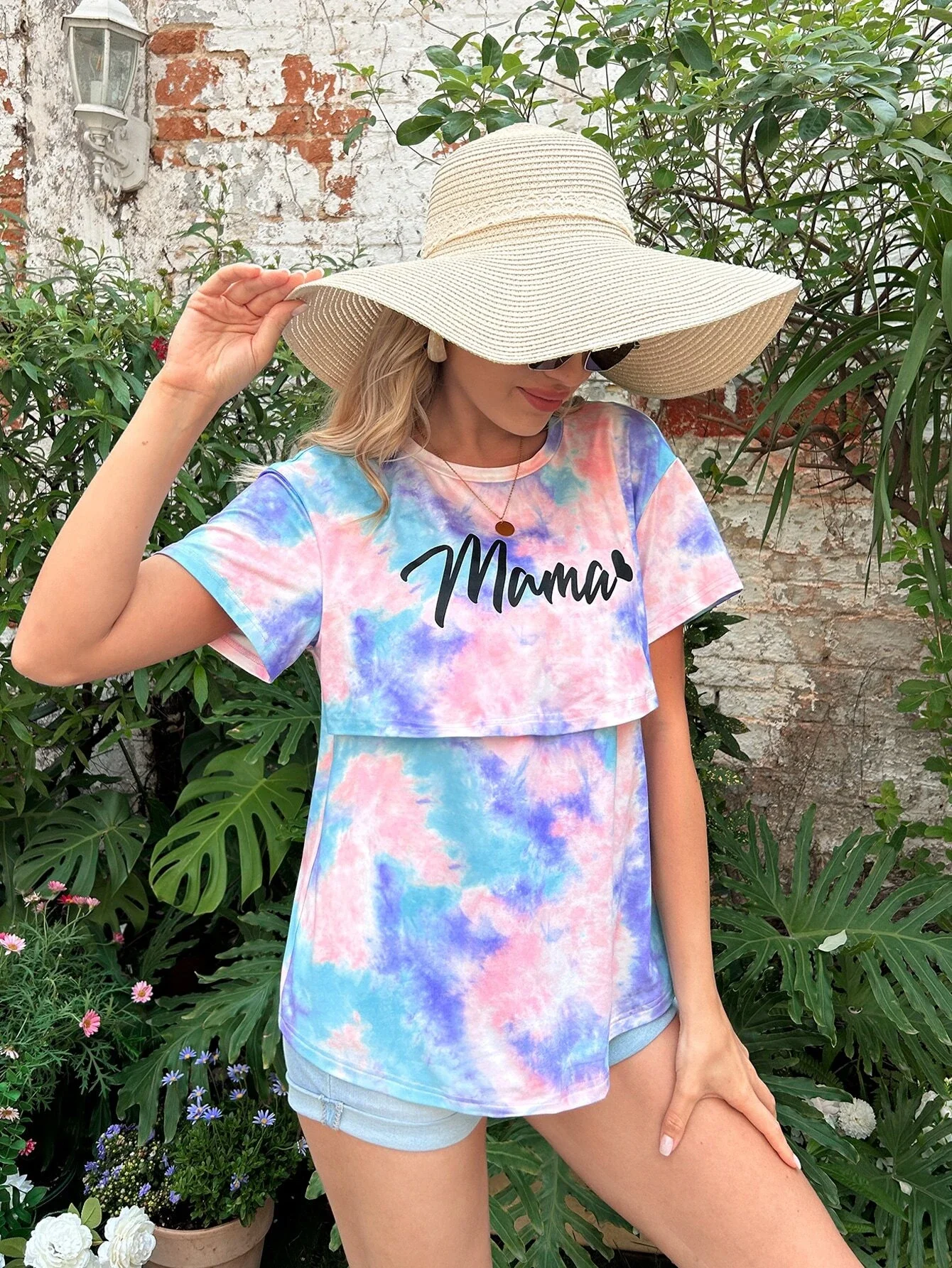 Pregnant Women Tie Dyed Letter Pattern Nursing T-shirt Elastic Breastfeeding Casual Bottom Shirt Short sleeved Top