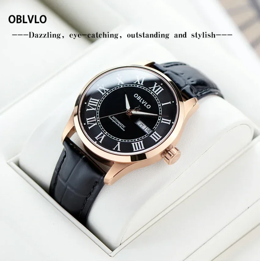 OBLVLO ผู้ชายนาฬิกาอัตโนมัติ 41 มม.นาฬิกาข้อมือ 5ATM กันน้ํา Sapphire Luminous Dual ปฏิทินวันที่สัปดาห์