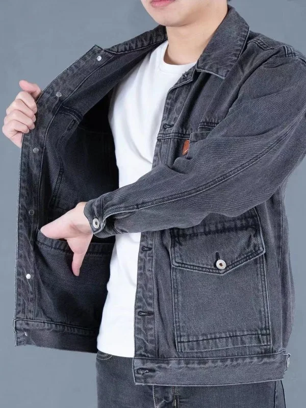 Men's Casual Loose Denim Jacket Multi-Pocket Workwear Jacket Durable Dirt-Resistant Fashionable Top for Spring Autumn