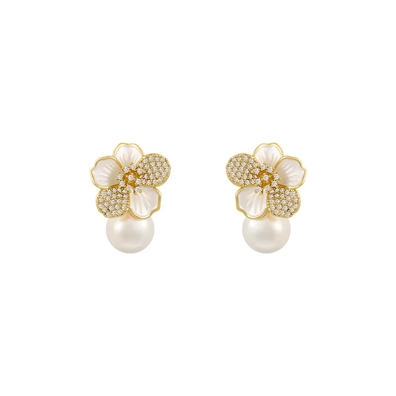 ZAKOL Luxury Micro Set Zircon White Enamel Camellia Pearl Pendant Earrings for Women Exquisite Party Ear Accessories