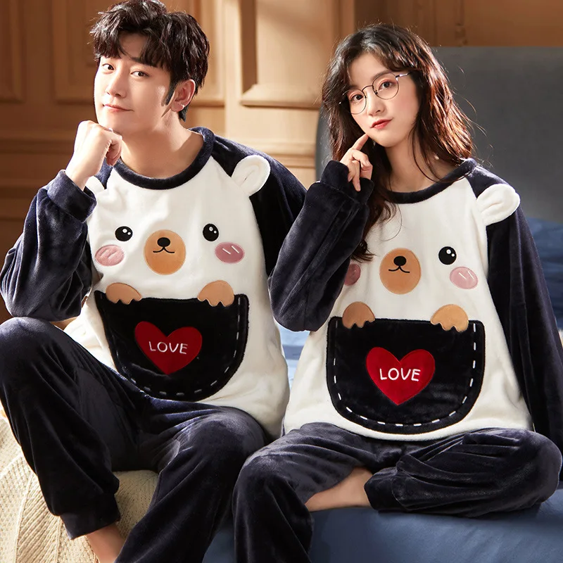 Nette Pyjamas Für Männer Frauen Dicken Plüsch Fleece Pyjama Sets Winter Korallen Samt Warme Flanell Kleidung Hause Anzug Männlichen Nachtwäsche