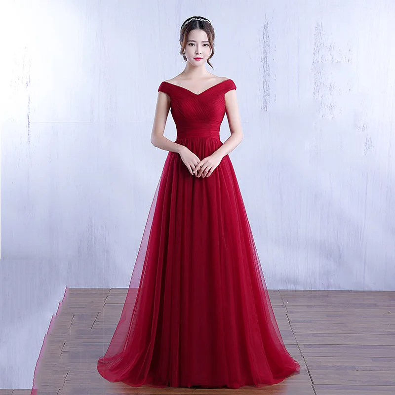

Long Women Evening Dress Burgundy Off The Shoulder Pleated Tulle Vestidos De Fiesta Elegantes Navy Blue Prom Dresses Customized