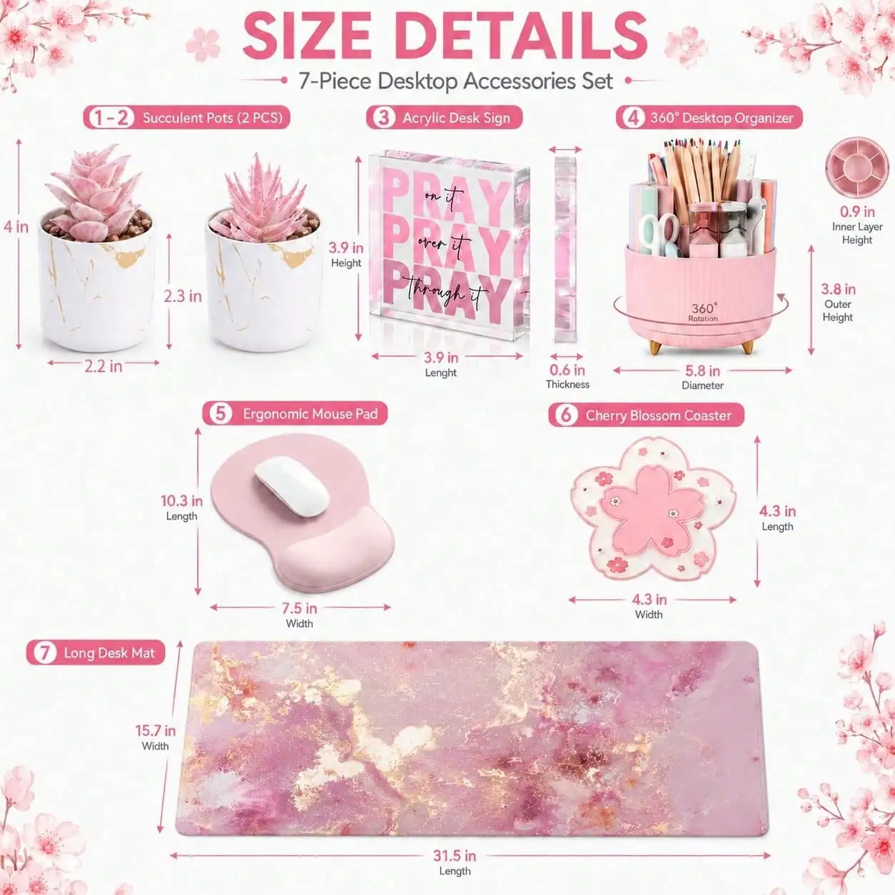 Desk Decor Set Of 7, Office Decor, Girly Desk Organizer And Accessories | Large Mouse Pad With Wrist Rest Set, Desk Accessories Decor, Office Supplies