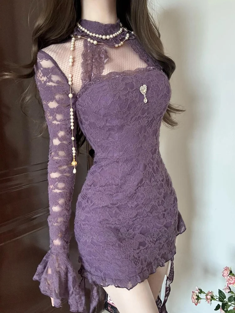 

Syj Shuyijia Sexy Lace Halter Neck Dress Women's Slim Fit Bodycon Skirt Korean Style Commute High Waist Short Skirt Long Sleeve