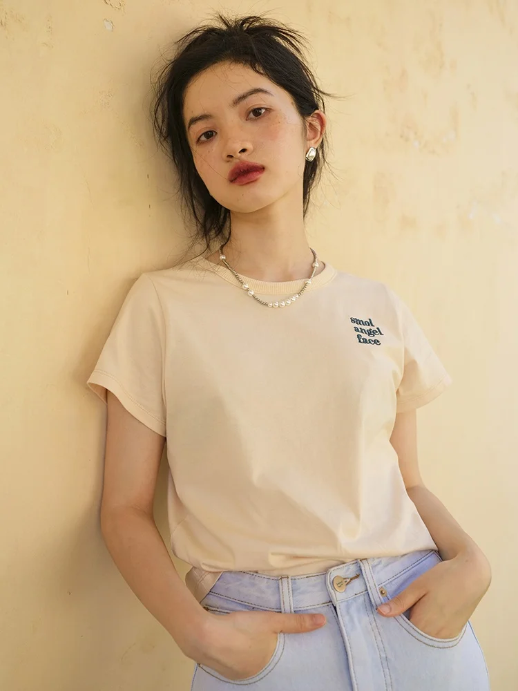 

Classic Cotton Letter Embroidery T-irt Slim Fit Summer New ort Sve round Ne Print Top Women's Faion Casual Wear