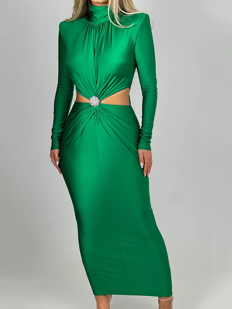 Articat Winter New Long Sleeve HollowOut Diamond Dress For Women Bodycon Elastic Elegant Evening Dress Female Fashion Party Club