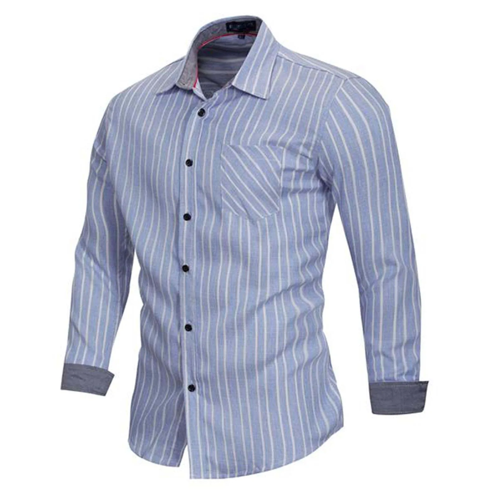 

Spring Fashion Social Shirts Men Solid Color Striped Men's Shirts Single Pocket Stand Collar Long-sleeved Shirts for Men New