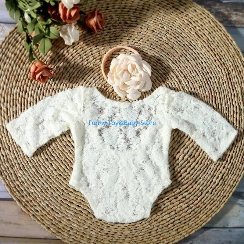 C90B 2pcs Bunga Bunga Renda Romper Set Bayi Fotografi Props Potret