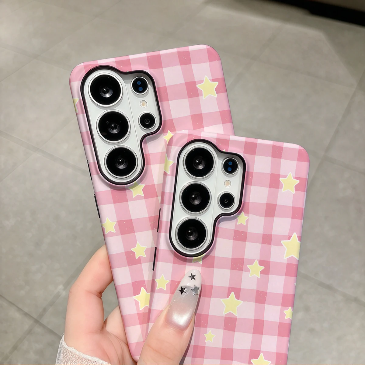 Pink Gingham Yellow Stars Phone Case For Samsung Galaxy S26 S25 Ultra S24 S23 Plus Hard Shock‑Absorption 2-in-1Protective Cover