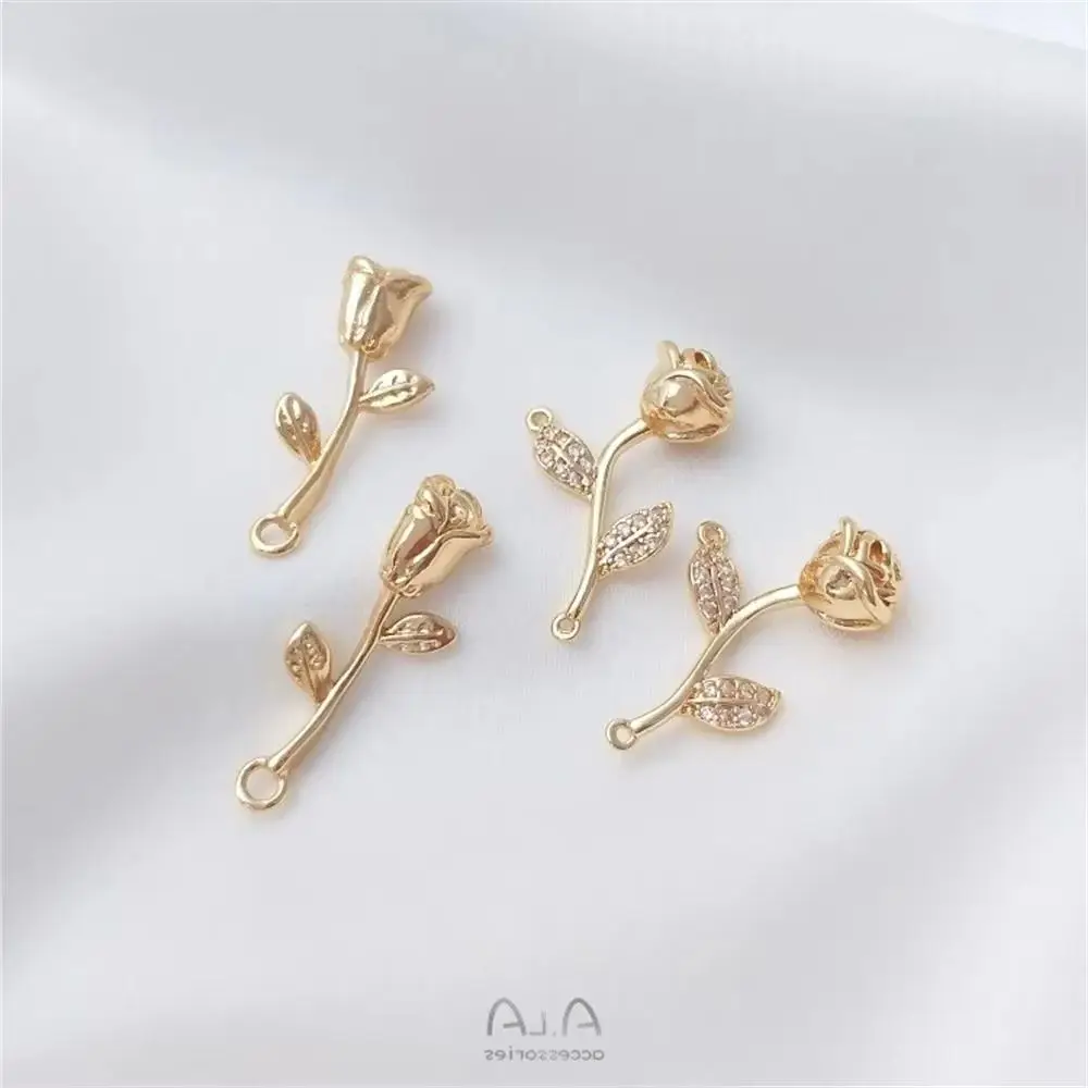 

14K Gold Inlaid Zircon Three-dimensional Rose Pendant DIY Earrings Pendants Bracelets Headgear Accessories K112