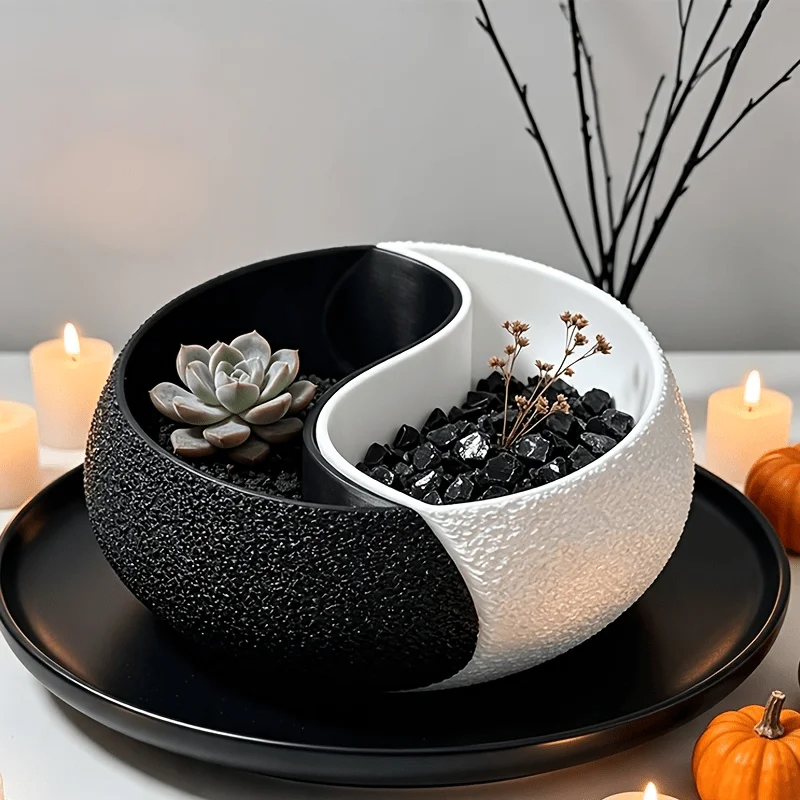 Pot de fleurs en résine bicolore noir et blanc, forme Yin Yang, pour plantes succulentes, double compartiment, pot de bonsaï de bureau, pot de table pour la maison