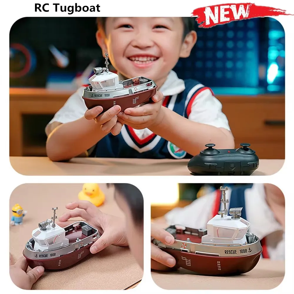 2024 New Mini RC Tugboat Dual Motor Remote Control Ship Electric Watercraft Model Toys With LED Light  Charging Toy Boat