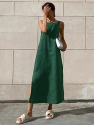 2023 Summer Autumn Women Casual Solid Green Side Slit Spaghetti A-line Midi Dress For Women