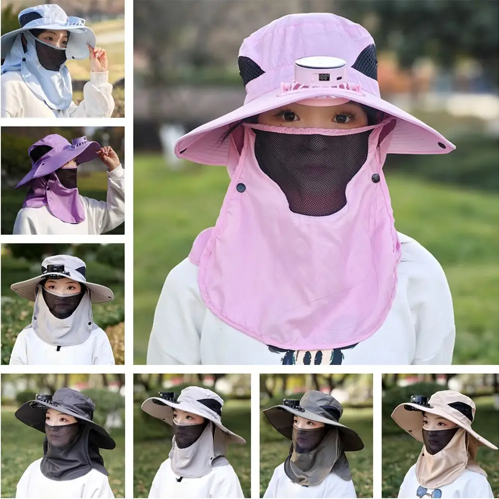 

Digital Display Screen Sun Hat with Solar Fan Breathable Mesh Solar/USB Charging Face Cover Bucket Hat Detachable Adjustable