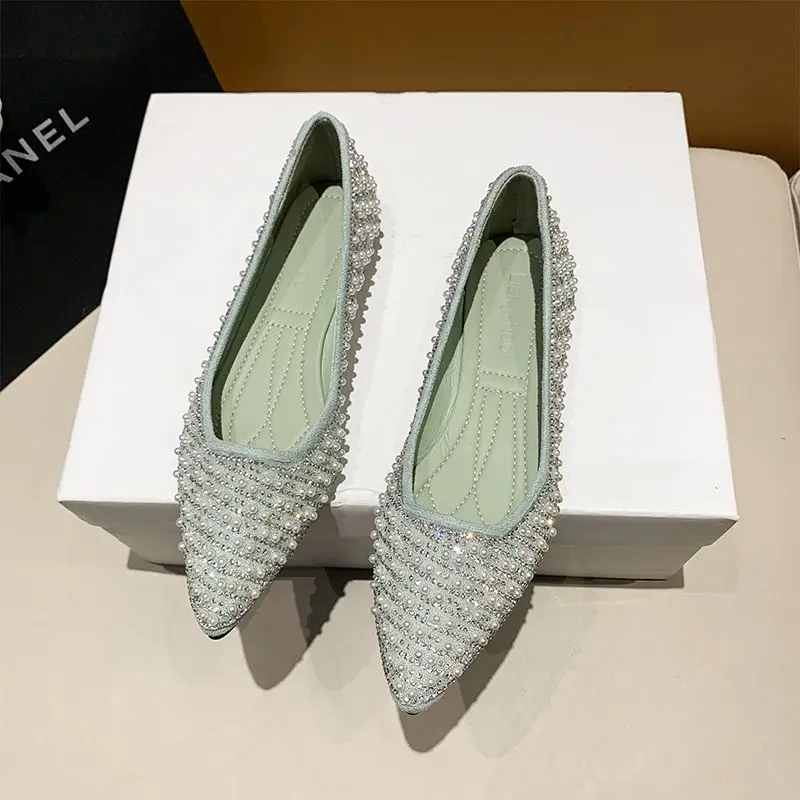 Pearl Green Diamond Ladies Summer Footwear Shoes for Women 2024 Black Evening Rhinestone Pointed Toe Flats with Crystals Flat A