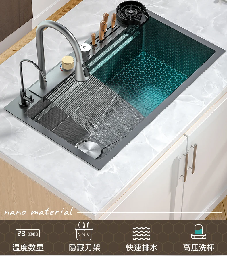 Cozinha 304 aço inoxidável cachoeira de peixe voador bacia vegetal, pia de máquina de lavar louça doméstica, pia única grande